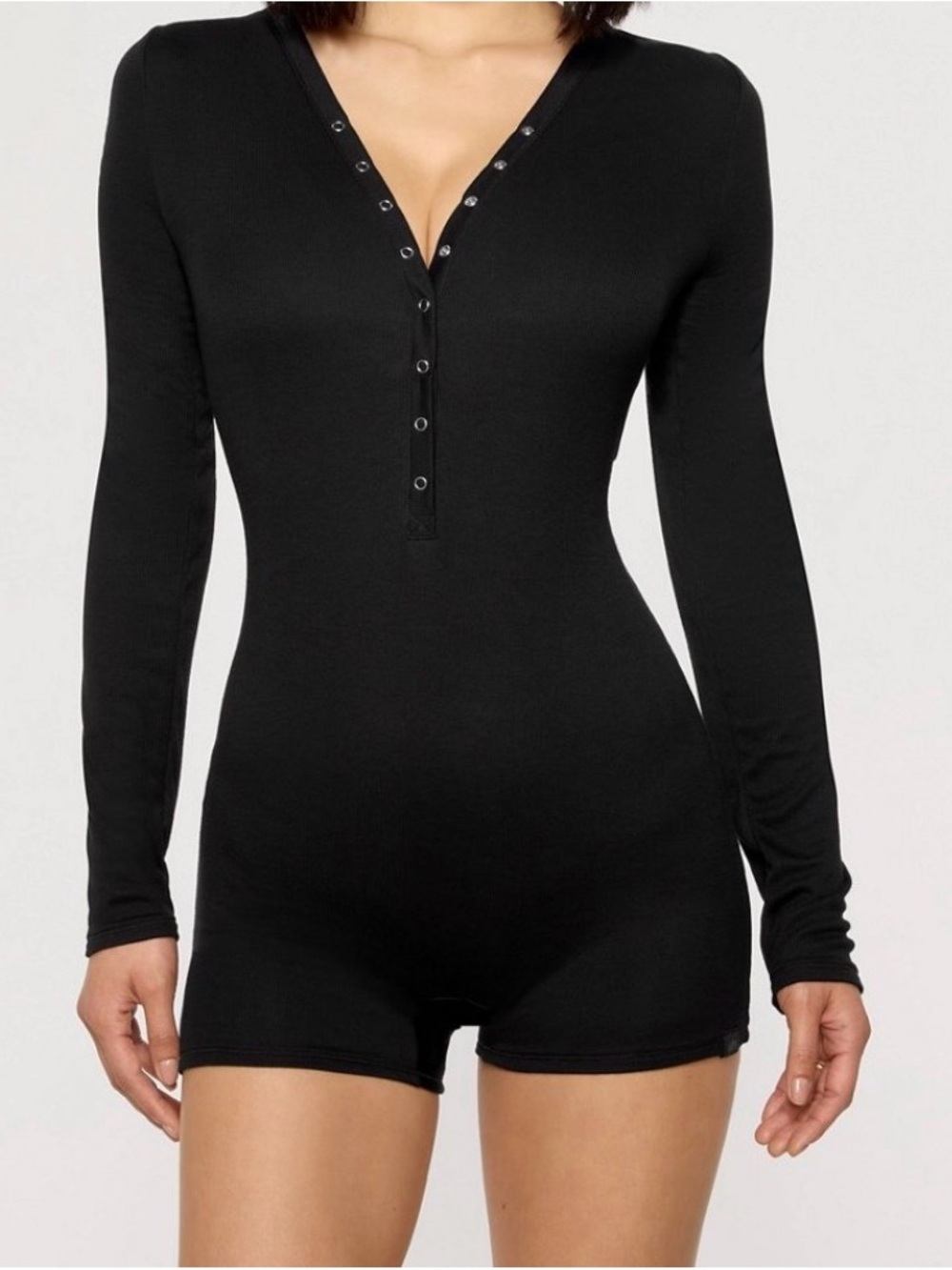 Fabletics Black Long-Sleeve Henley Bodysuit Romper